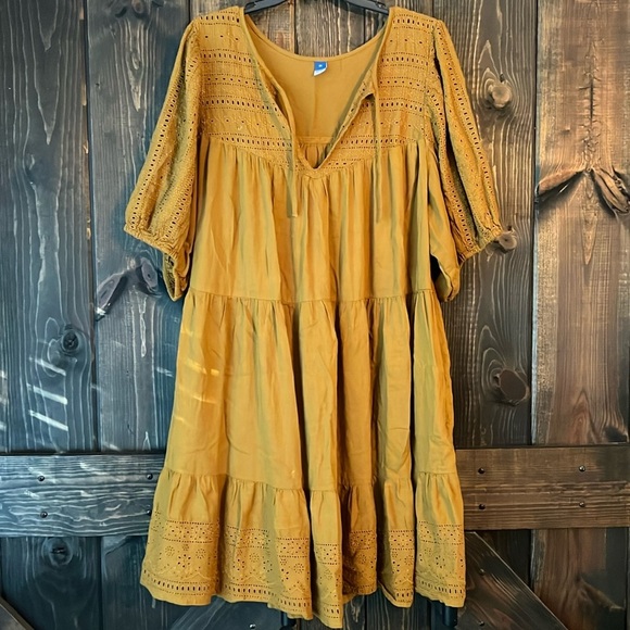 Old Navy Women's Peasant Boho Dress Size 2X Golden Brown Eyelet Ruffle Balloon - Picture 1 of 14